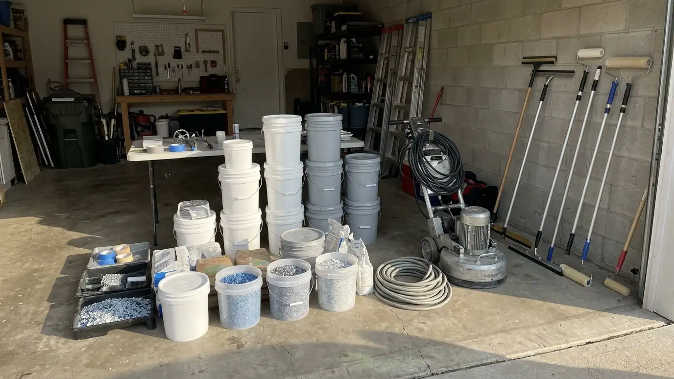 Music City Garage Floor A tidy installer's staging area in a garage with neatly stacked unlabeled pails, buckets of colorful flake, a floor grinder, rollers and squeegees in morning light
