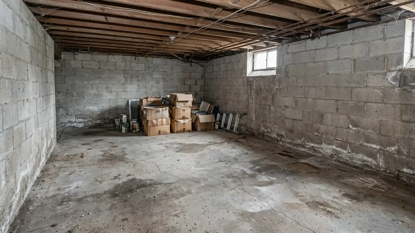 Before: a basement with an unfinished basement with bare stained concrete and hairline cracks