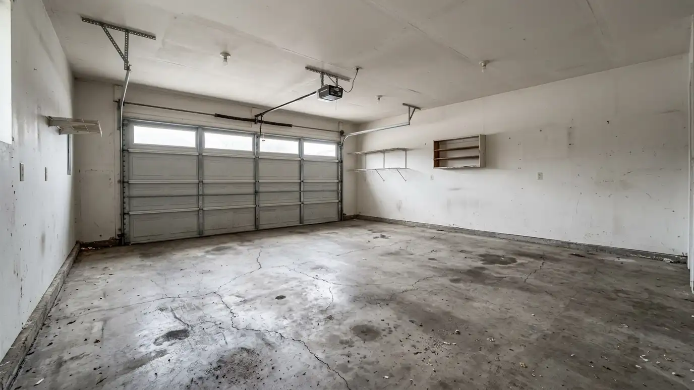 Before: a garage with a two-car garage with a bare gray concrete floor that is stained, cracked and spotted with oil