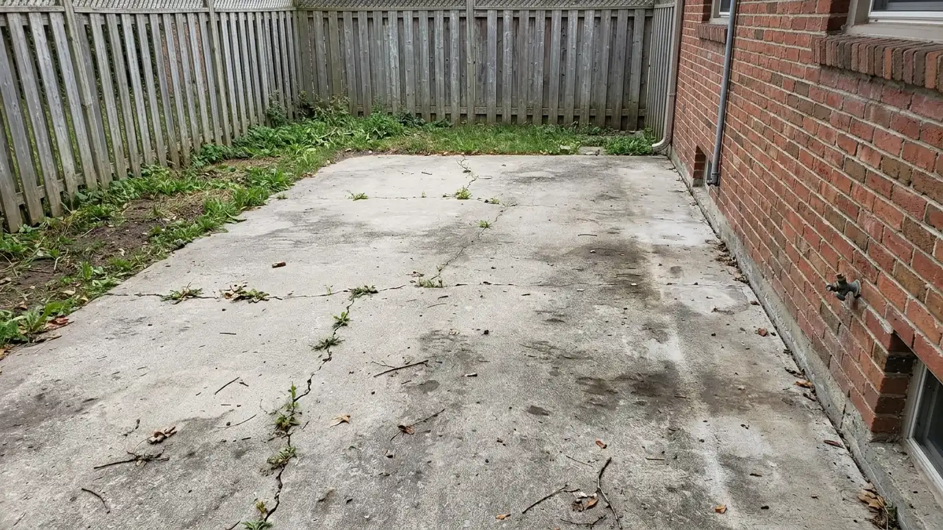 Before: a patio with a plain gray concrete backyard patio that is cracked and stained beside a brick wall