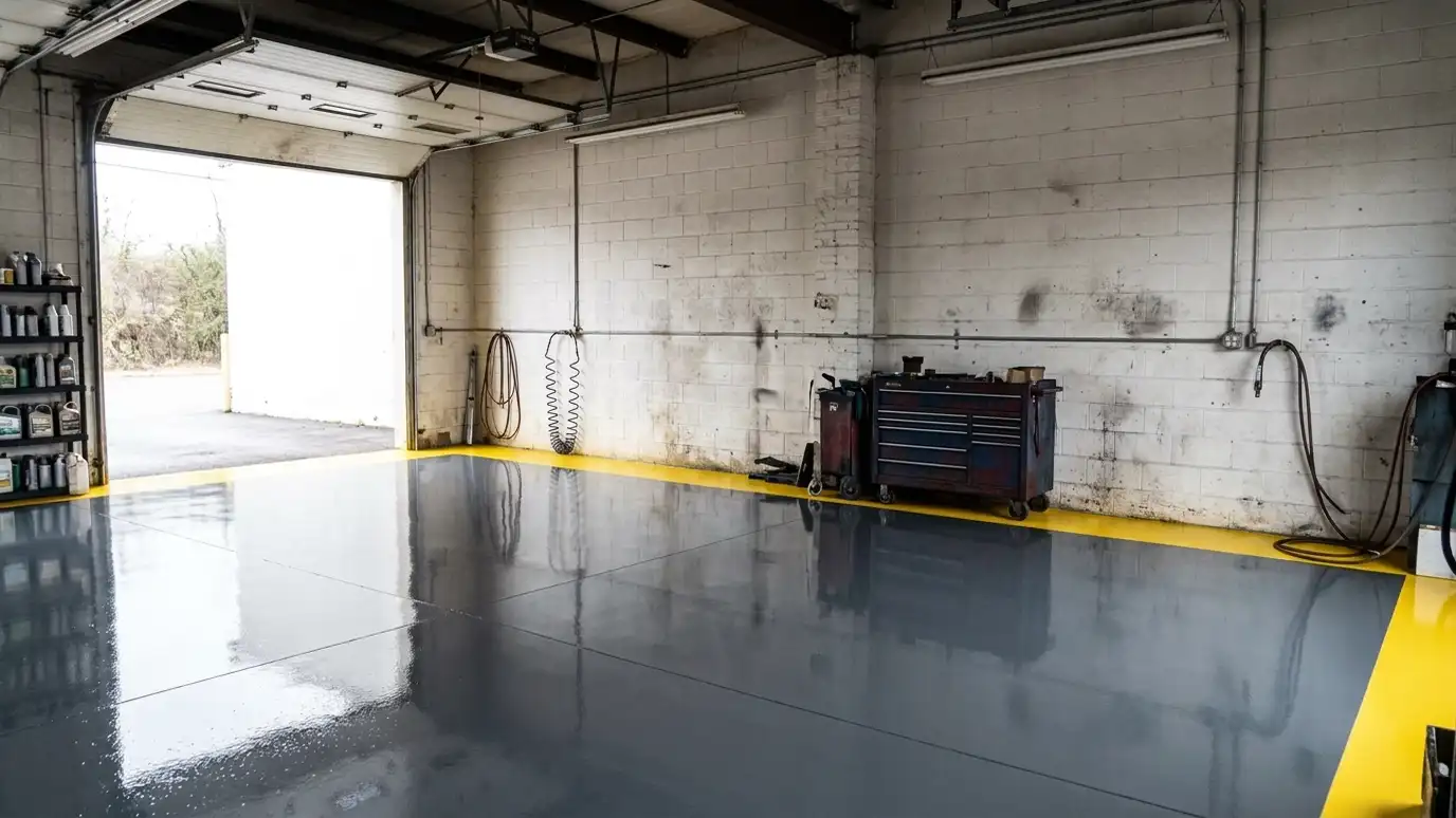 After: An oil-stained shop bay, then a clean glossy coated floor with a safety stripe | Music City Garage Floor After: a shop bay with the same shop bay with a high-gloss dark gray coated floor and a bright safety-yellow stripe along the wall