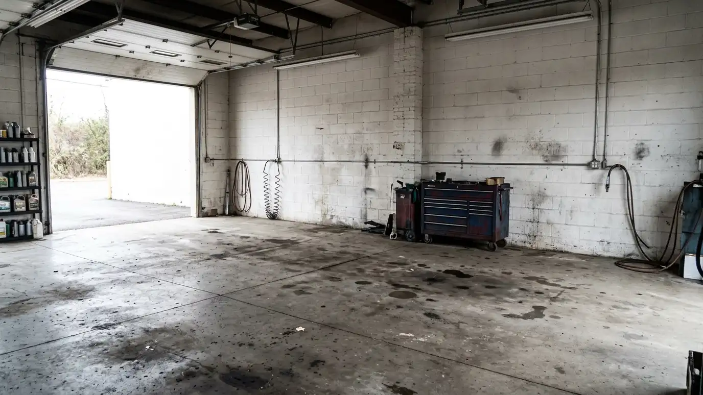 Before: a shop bay with a shop bay with a bare, oil-stained concrete floor