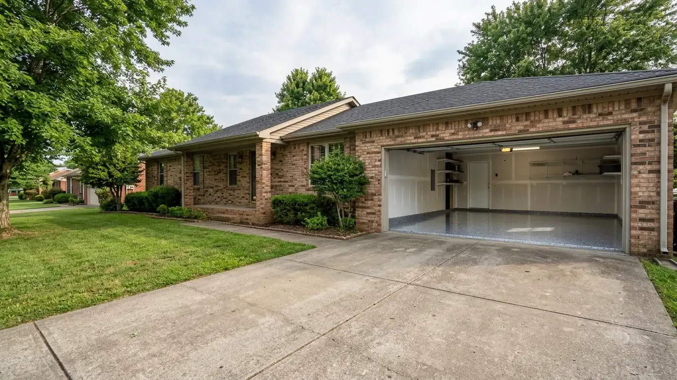 A Antioch, Tennessee home with the garage door open showing a glossy coated flake floor inside