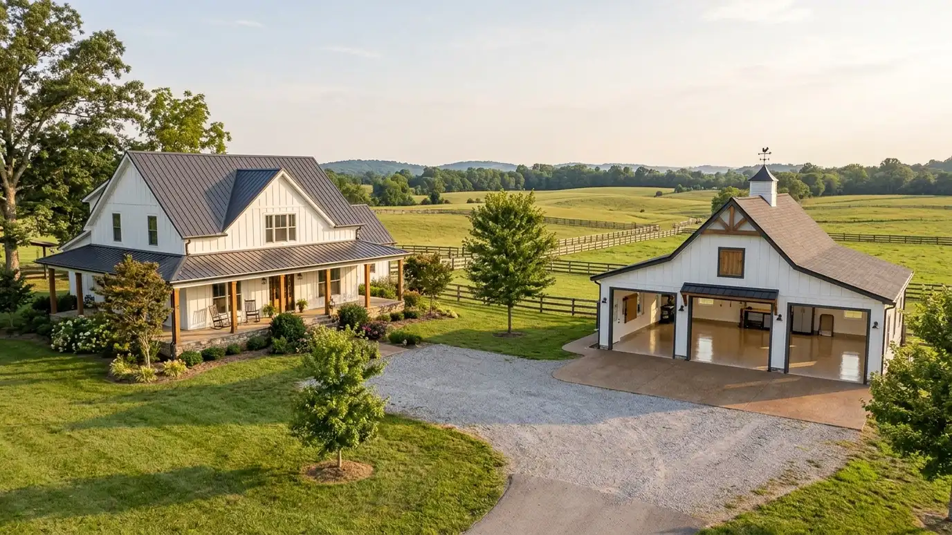 A Arrington, Tennessee home with the garage door open showing a glossy coated flake floor inside
