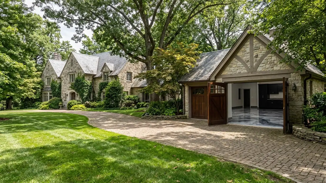 A Belle Meade, Tennessee home with the garage door open showing a glossy coated flake floor inside