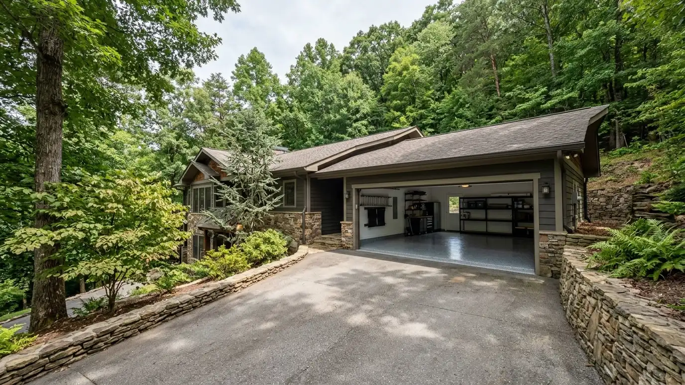 A Bellevue, Tennessee home with the garage door open showing a glossy coated flake floor inside