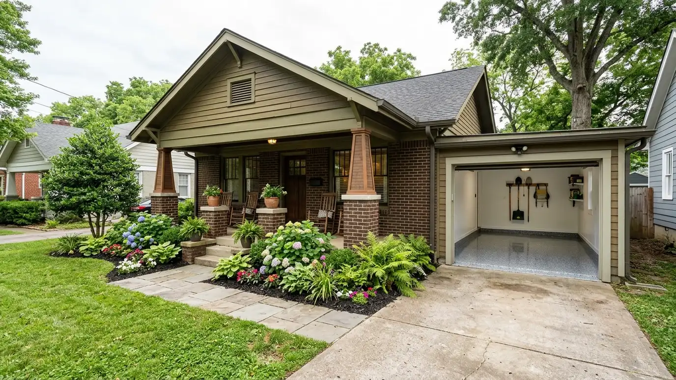 A Berry Hill, Tennessee home with the garage door open showing a glossy coated flake floor inside