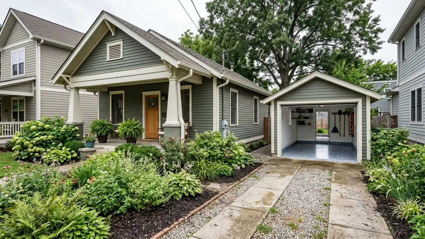 A East Nashville, Tennessee home with the garage door open showing a glossy coated flake floor inside