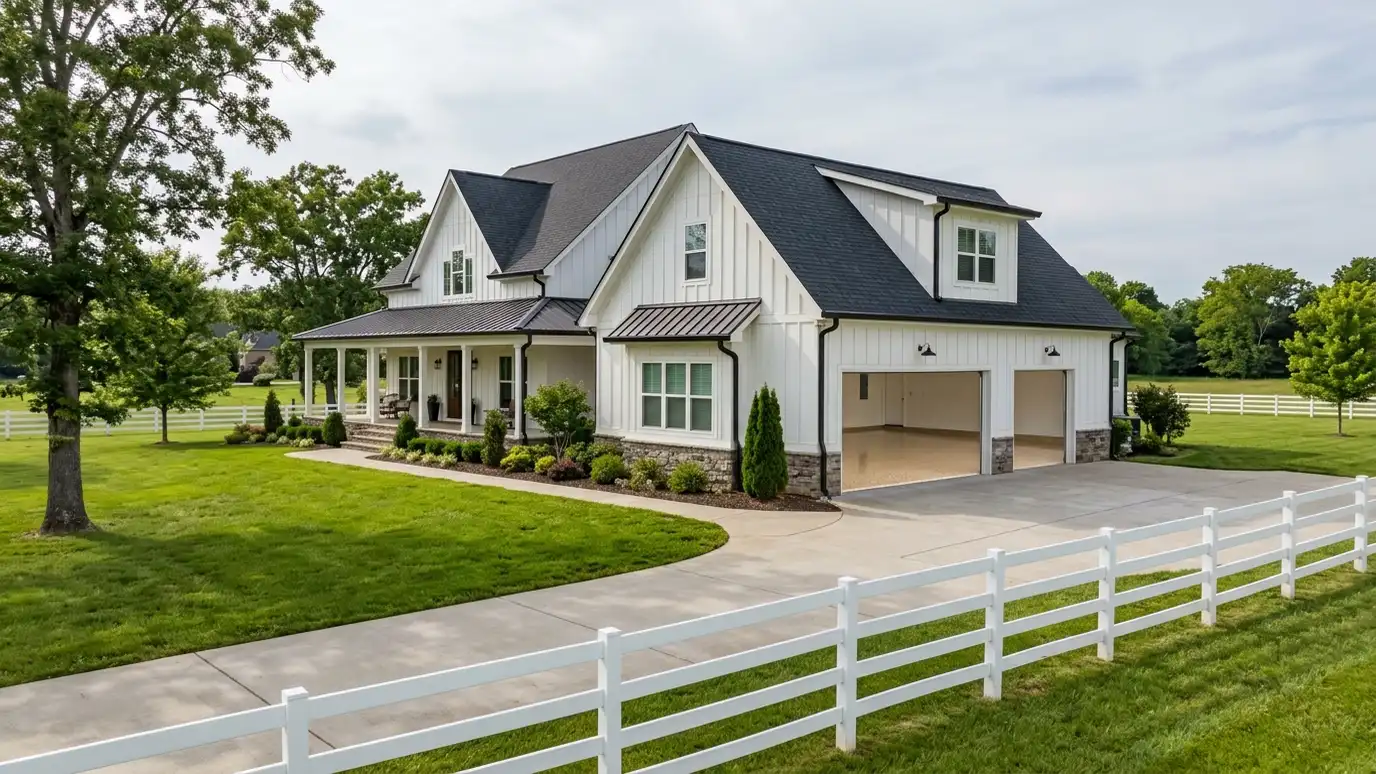 A Fairview, Tennessee home with the garage door open showing a glossy coated flake floor inside