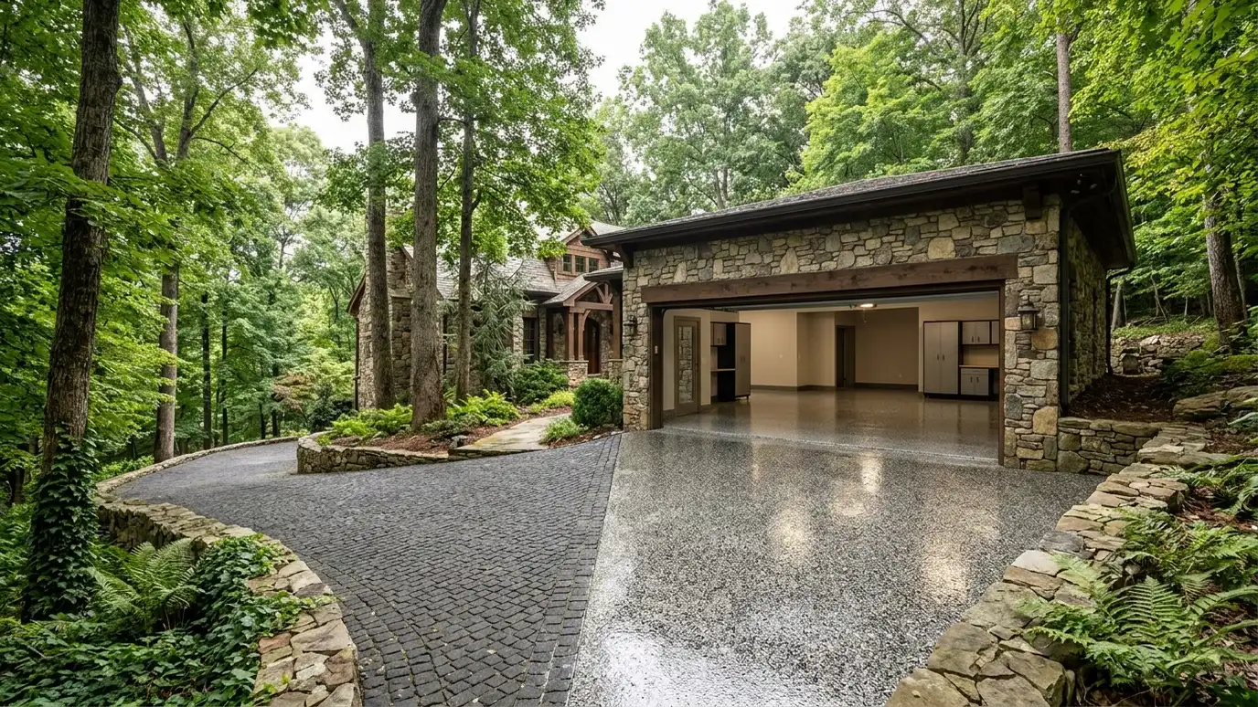 A Forest Hills, Tennessee home with the garage door open showing a glossy coated flake floor inside