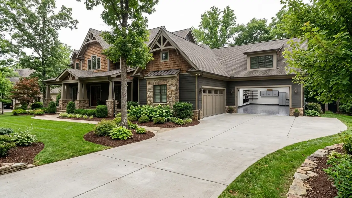 A Franklin, Tennessee home with the garage door open showing a glossy coated flake floor inside