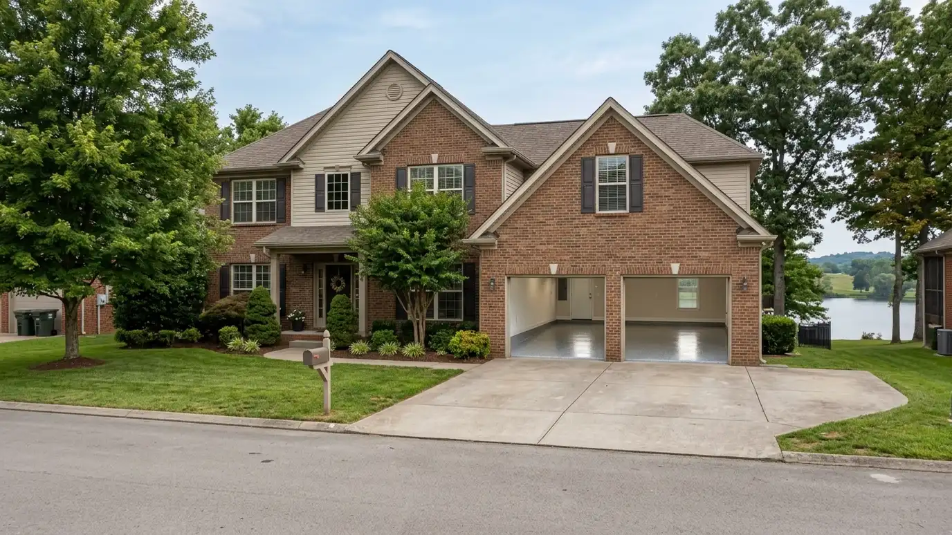 A Gallatin, Tennessee home with the garage door open showing a glossy coated flake floor inside