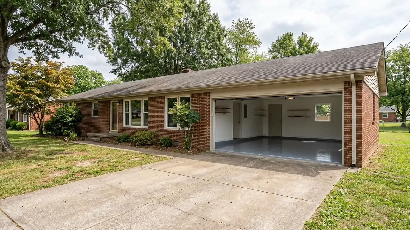 Garage floor coating in Goodlettsville, TN A Goodlettsville, Tennessee home with the garage door open showing a glossy coated flake floor inside