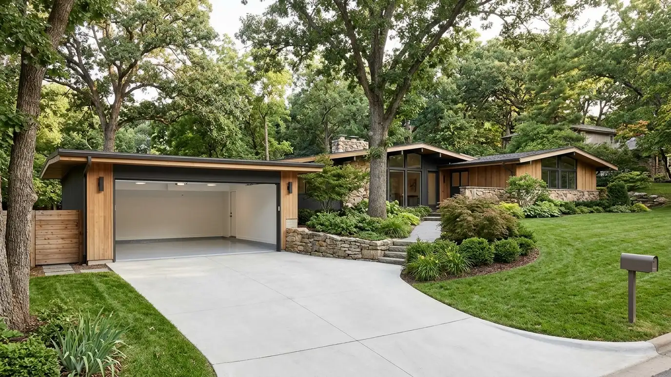 A Green Hills, Tennessee home with the garage door open showing a glossy coated flake floor inside