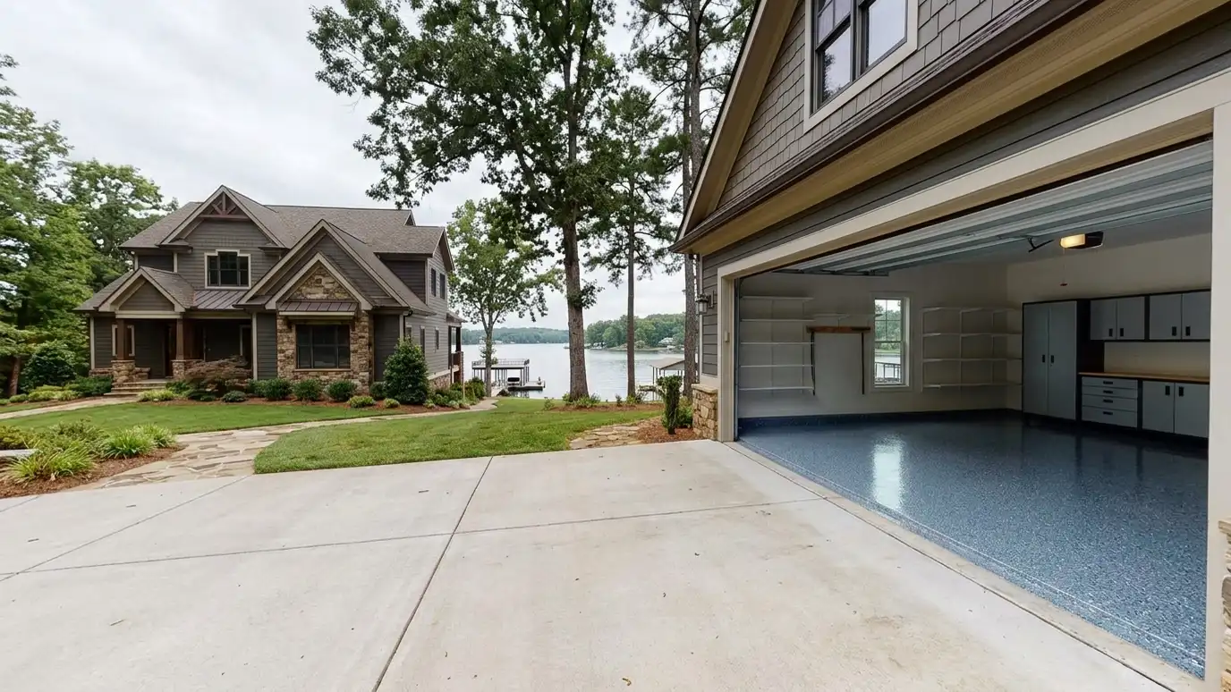 Garage floor coating in Hendersonville, TN A Hendersonville, Tennessee home with the garage door open showing a glossy coated flake floor inside