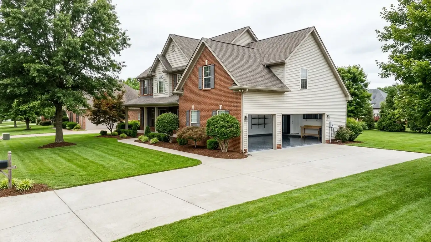 A La Vergne, Tennessee home with the garage door open showing a glossy coated flake floor inside
