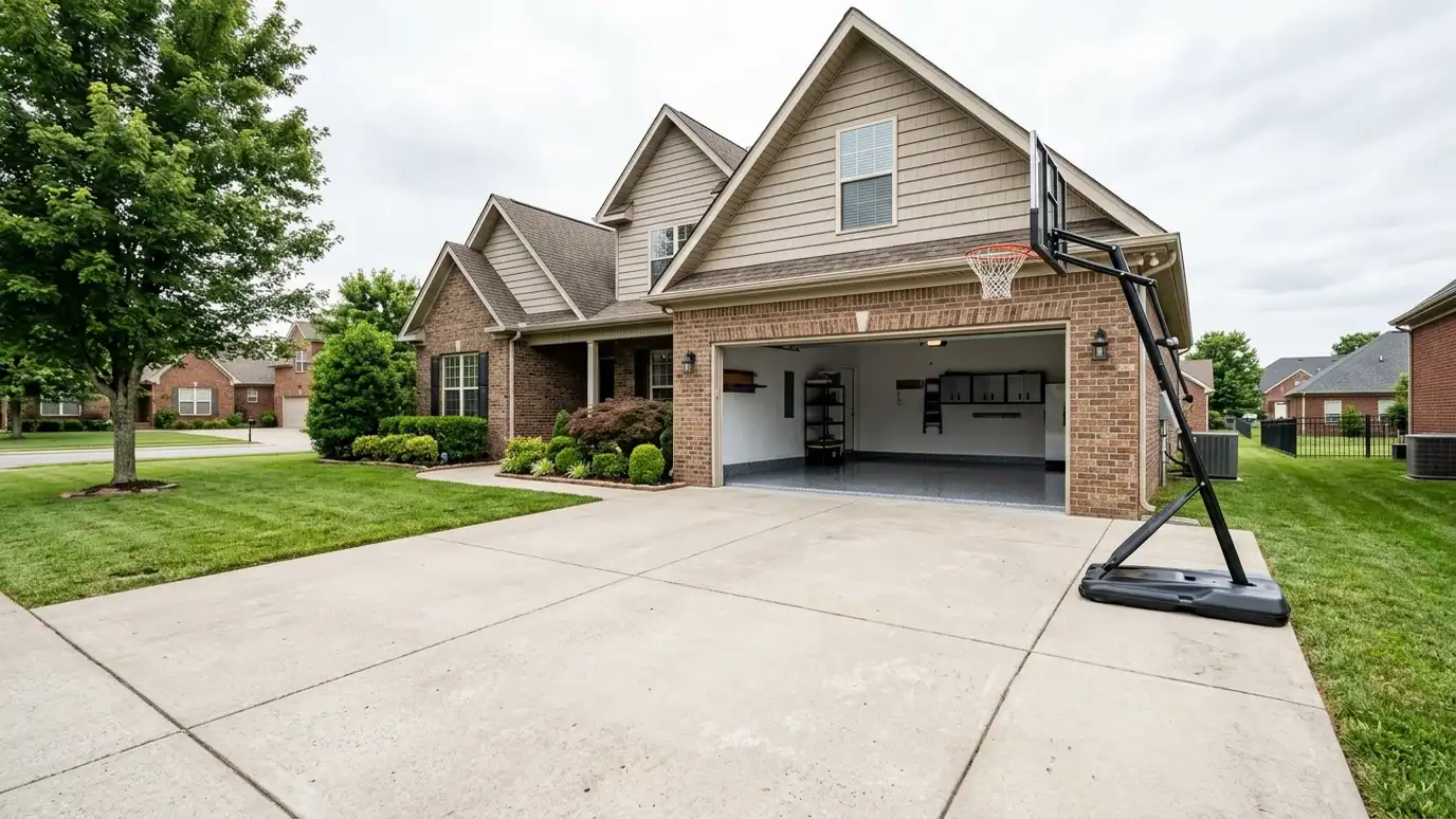 A Murfreesboro, Tennessee home with the garage door open showing a glossy coated flake floor inside