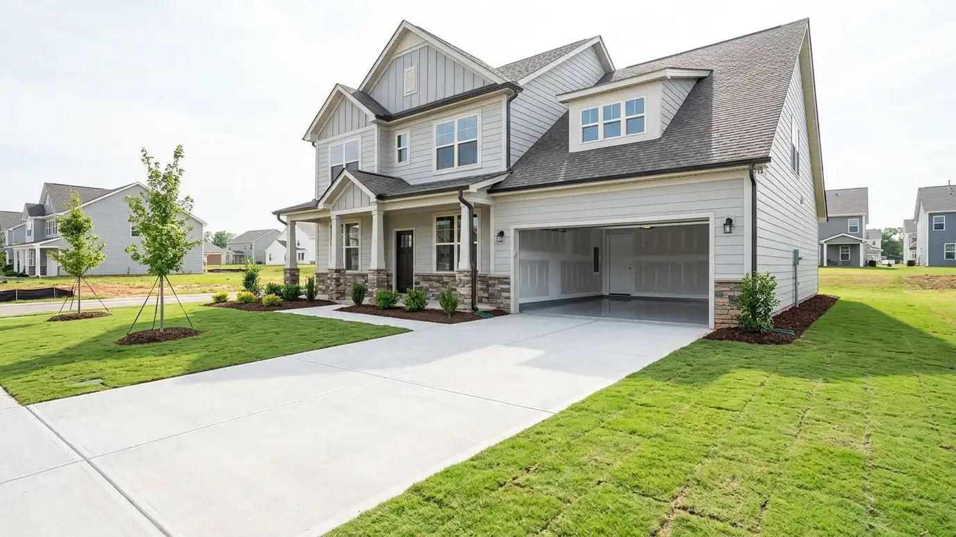A Spring Hill, Tennessee home with the garage door open showing a glossy coated flake floor inside