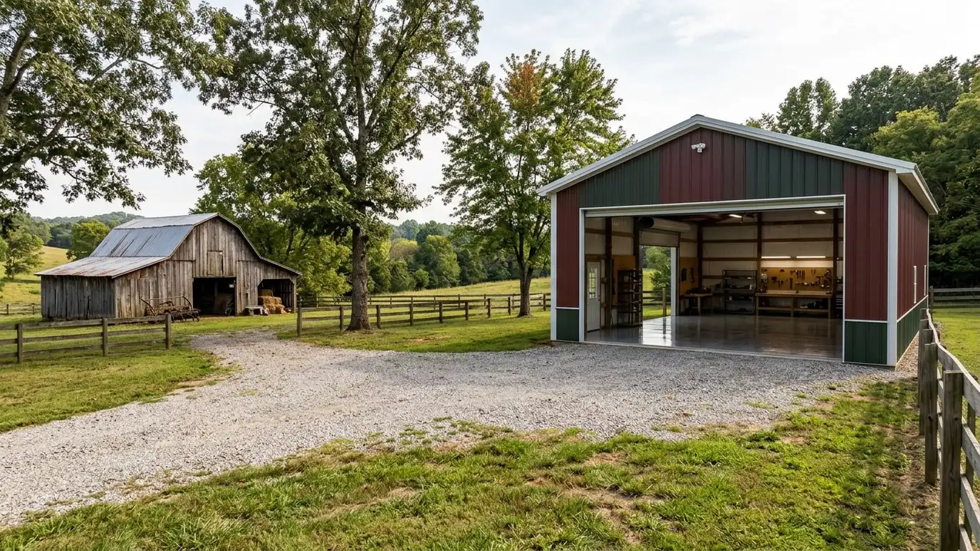 A Whites Creek, Tennessee home with the garage door open showing a glossy coated flake floor inside