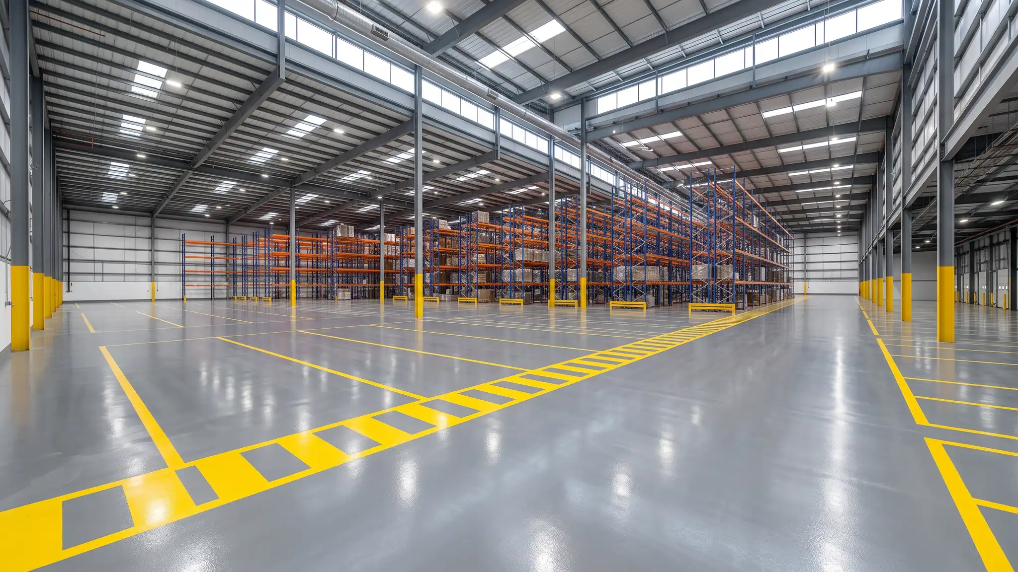 A large clean commercial warehouse interior with a seamless glossy gray coated floor and painted yellow safety lane lines