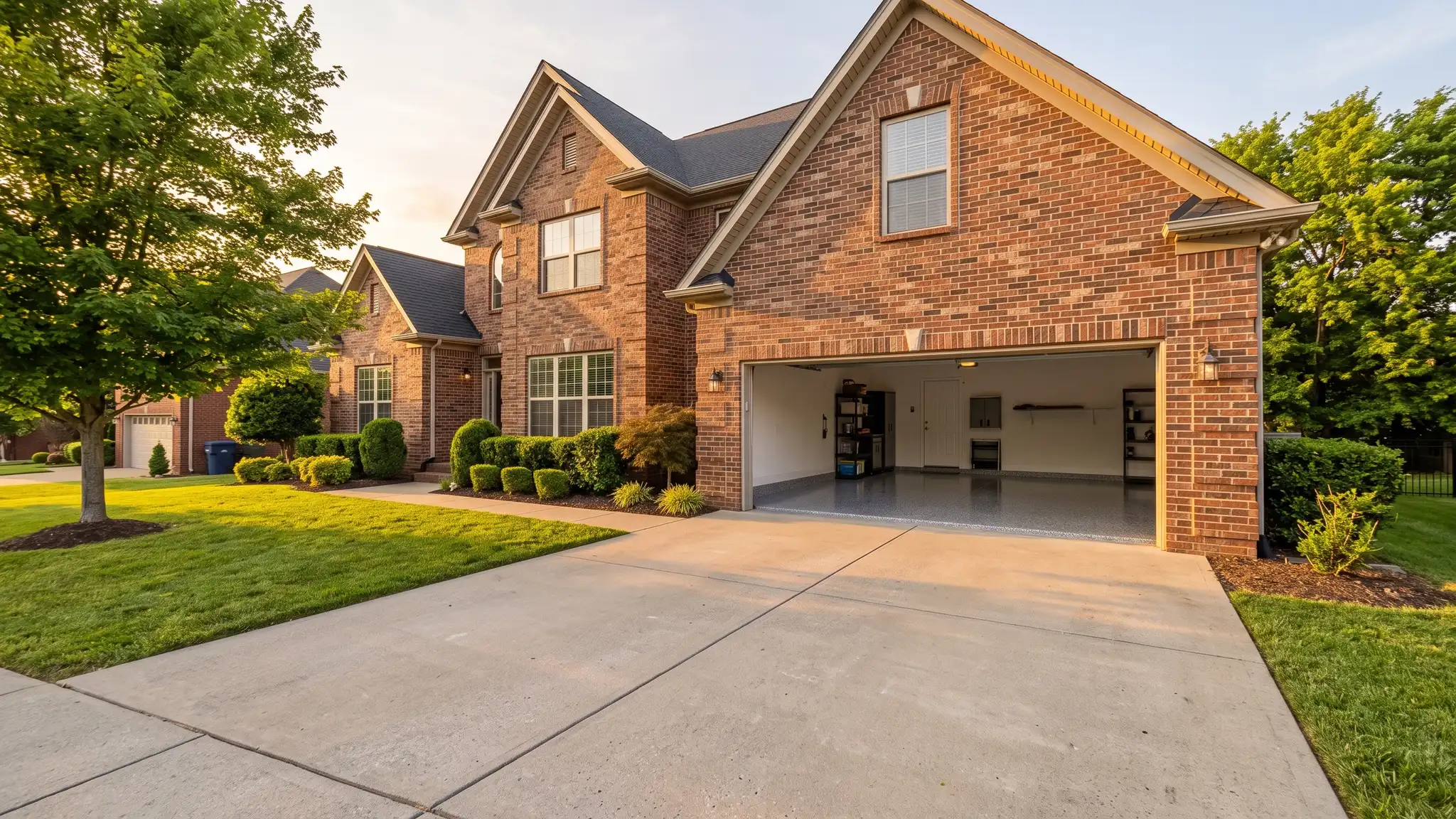 A tidy brick suburban Nashville home at golden hour with the garage door open showing a glossy coated flake floor inside