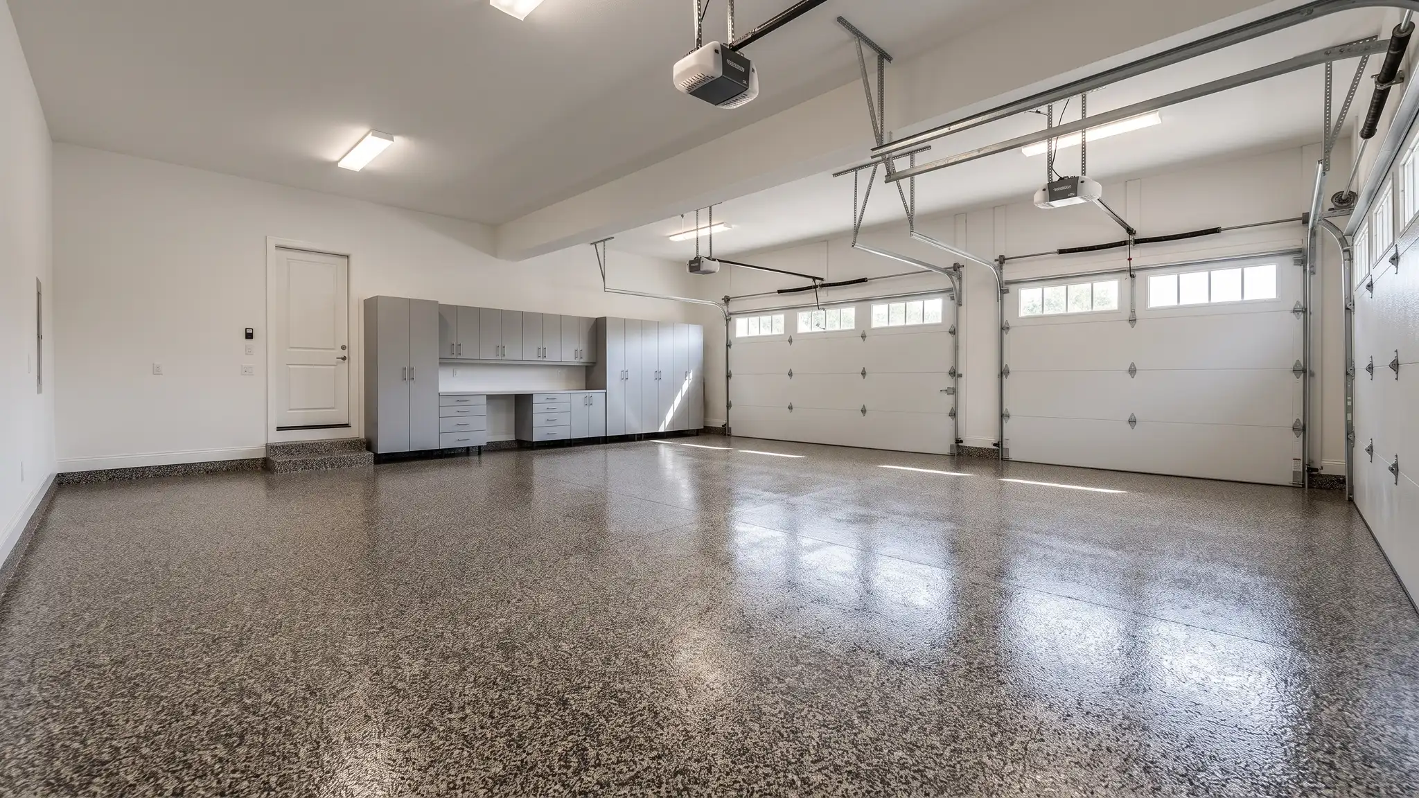 A spacious three-car garage with a high-gloss full-flake floor in charcoal, tan and cream flecks, white painted walls and tidy gray cabinets