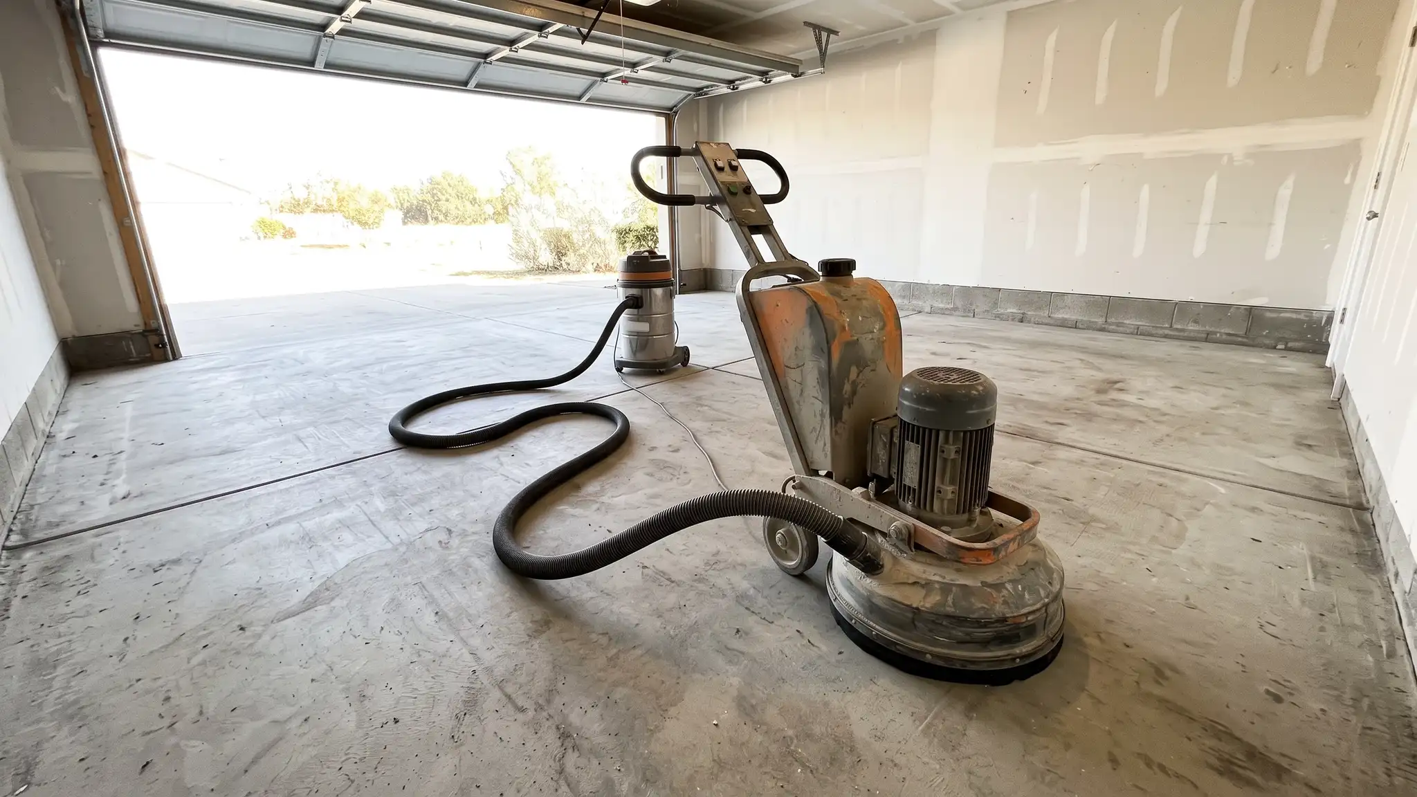 A walk-behind diamond floor grinder with a dust shroud and a vacuum hose resting on bare concrete in an empty garage