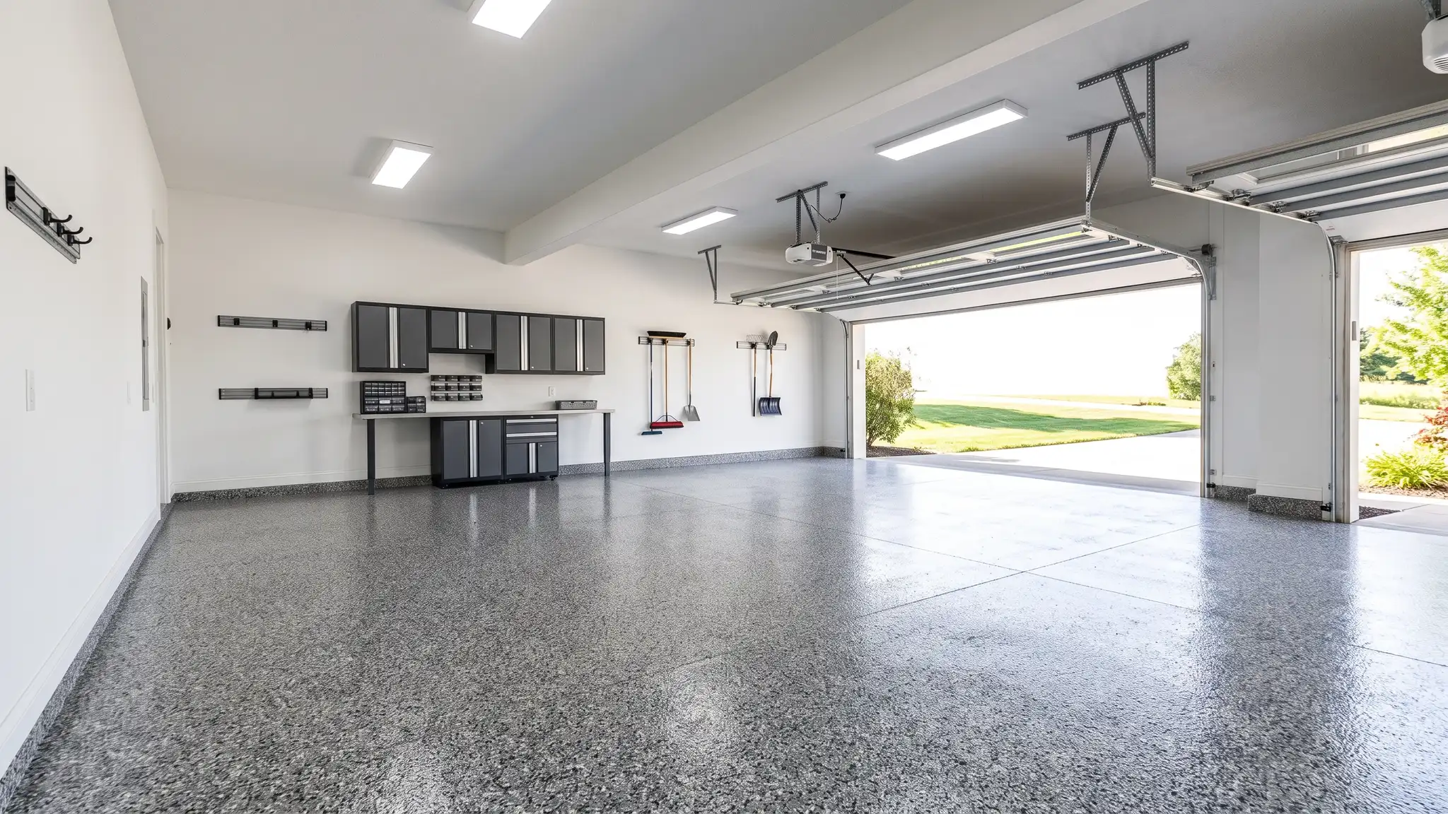 A bright two-car garage interior with a glossy polyaspartic flake floor in gray, black and white flecks reflecting ceiling lights, white walls and tidy wall cabinets