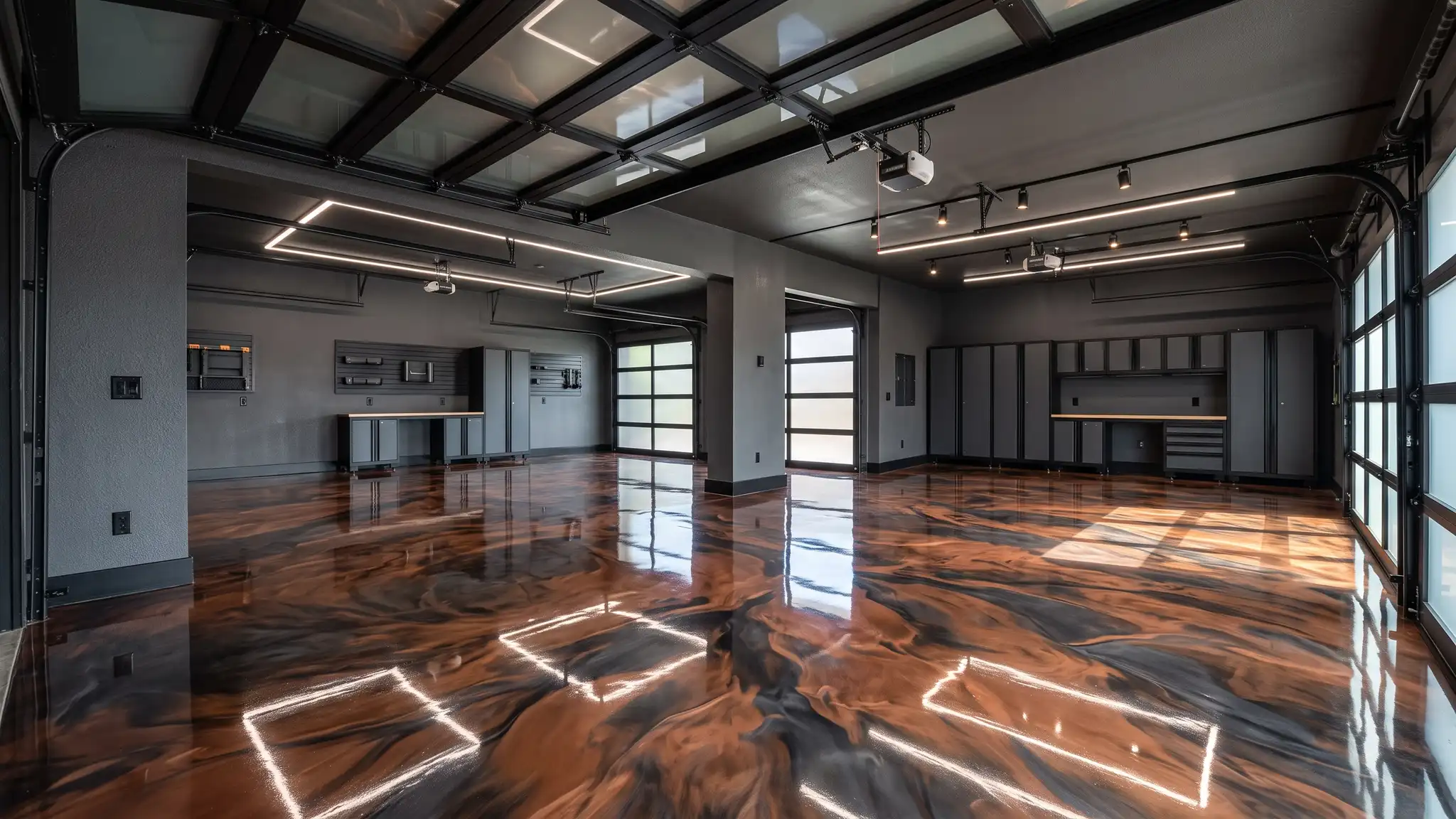 A premium garage with a dramatic metallic polyaspartic floor in swirling copper, charcoal and black marbling with a deep mirror gloss