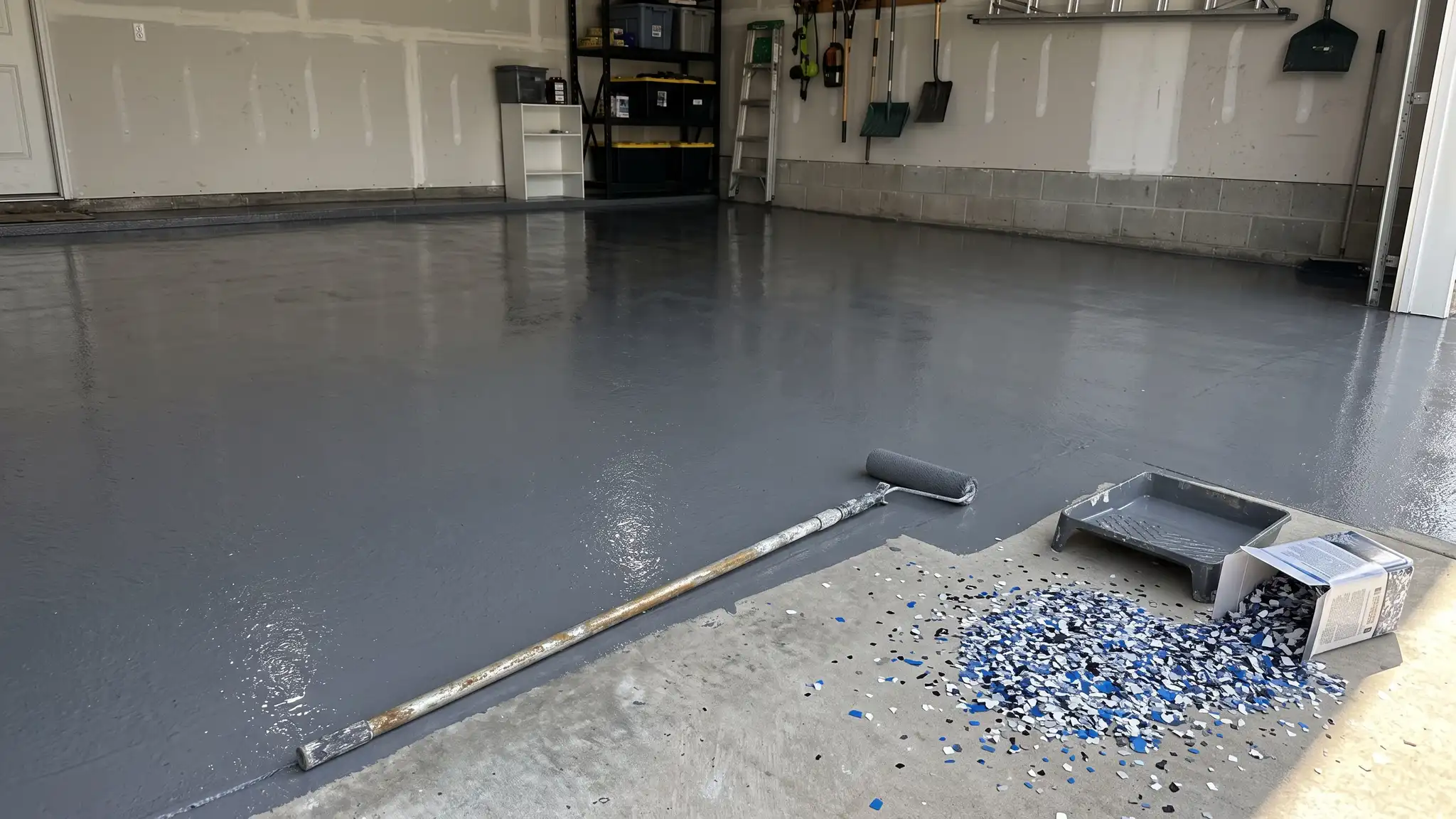 A fresh wet-look gray polyaspartic coat on a garage floor with a roller on an extension pole and a scatter of colorful flake chips