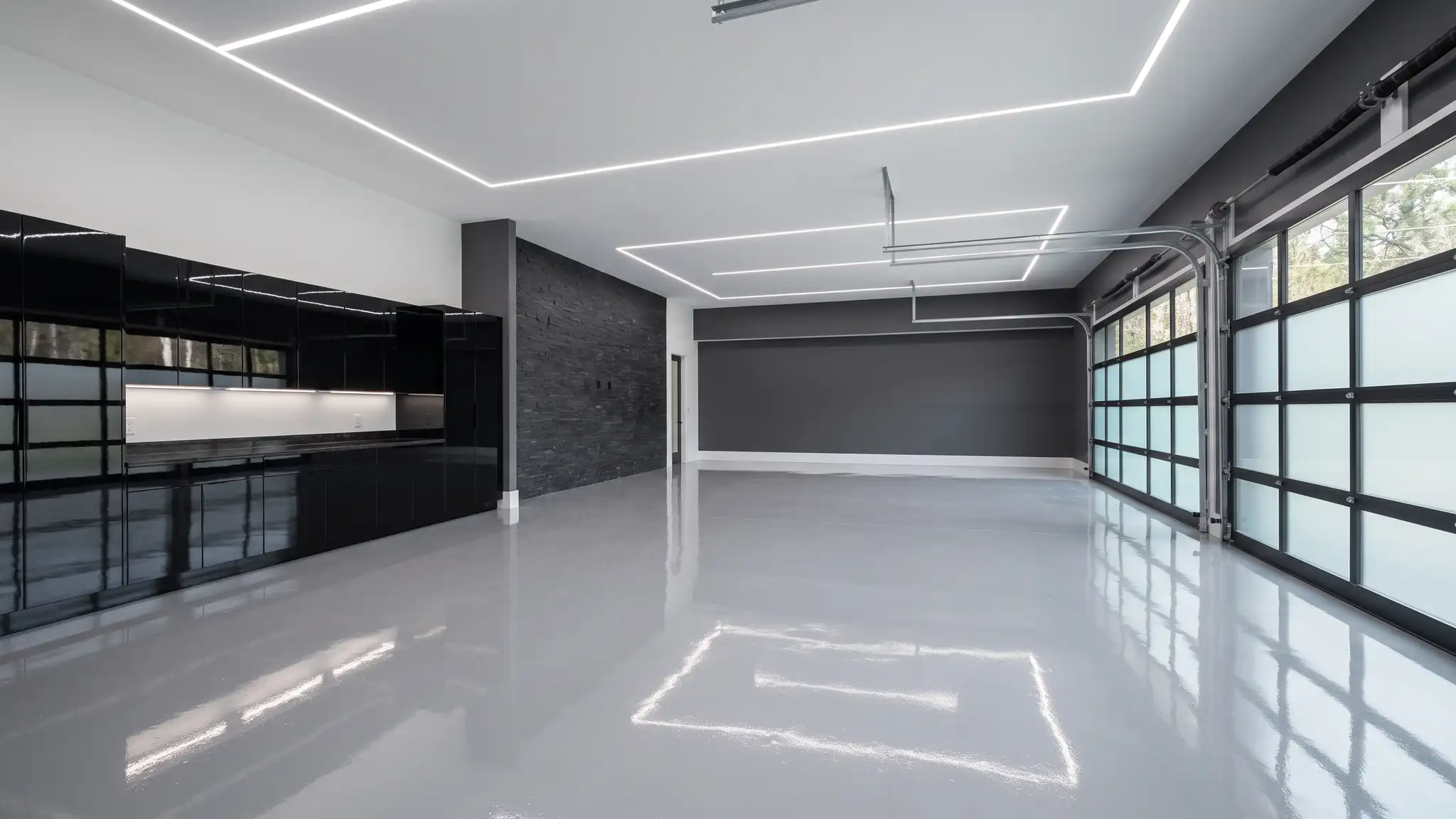 A luxury showroom-style garage with a flawless glossy light gray floor, white LED strip lights and glossy black cabinets