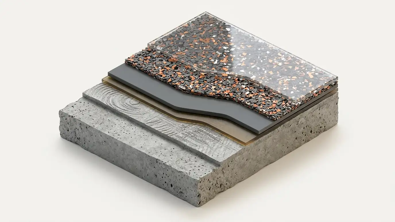 A clean illustrated isometric cutaway diagram of a polyaspartic garage floor system showing the concrete slab, a ground and profiled surface, a primer layer, a gray basecoat, broadcast colored flake and a clear glossy topcoat as stacked layers in graphite gray and copper orange colors