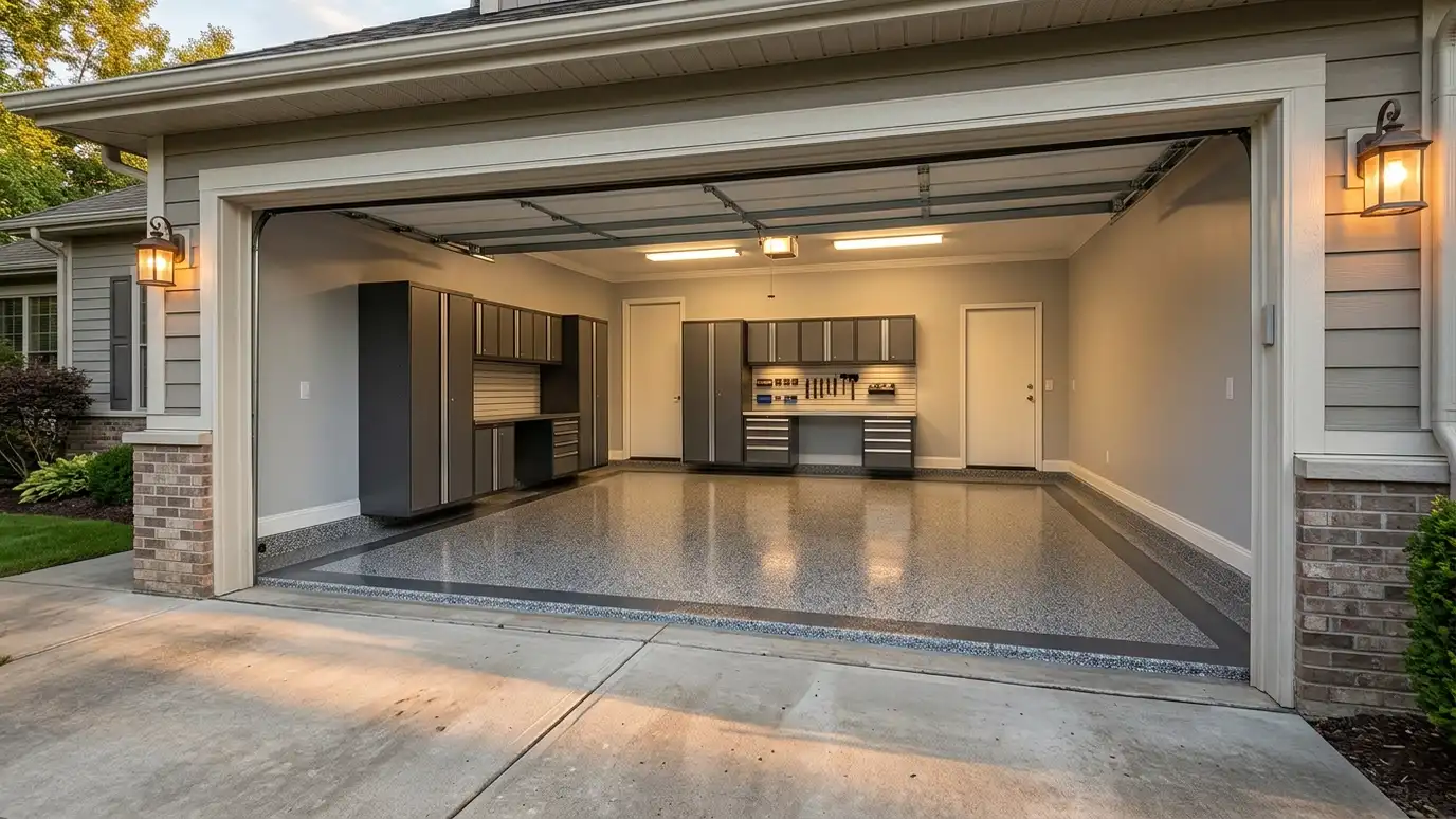 A wide view of a finished garage with a glossy full-flake floor, a neat border stripe and tidy cabinets with the garage door open