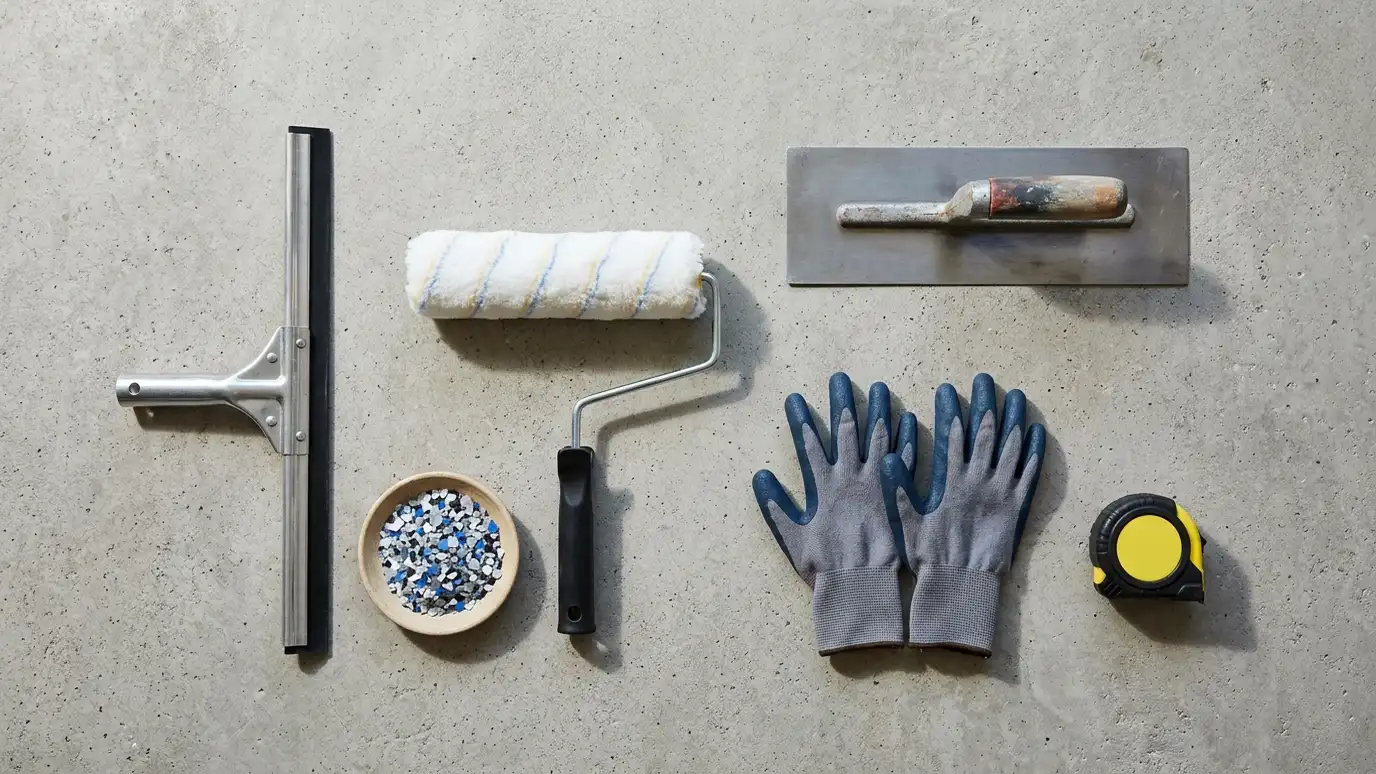 A neat flat lay of garage floor coating tools on a gray concrete surface: a squeegee, a roller cover, a dish of colorful flake chips, a trowel, work gloves and a tape measure