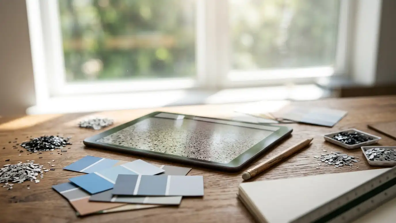 Garage floor design tools and calculators | Music City Garage Floor A desk with a tablet showing an abstract blank floor pattern, color swatch chips, a few flake chip samples, a pencil and a bright window behind