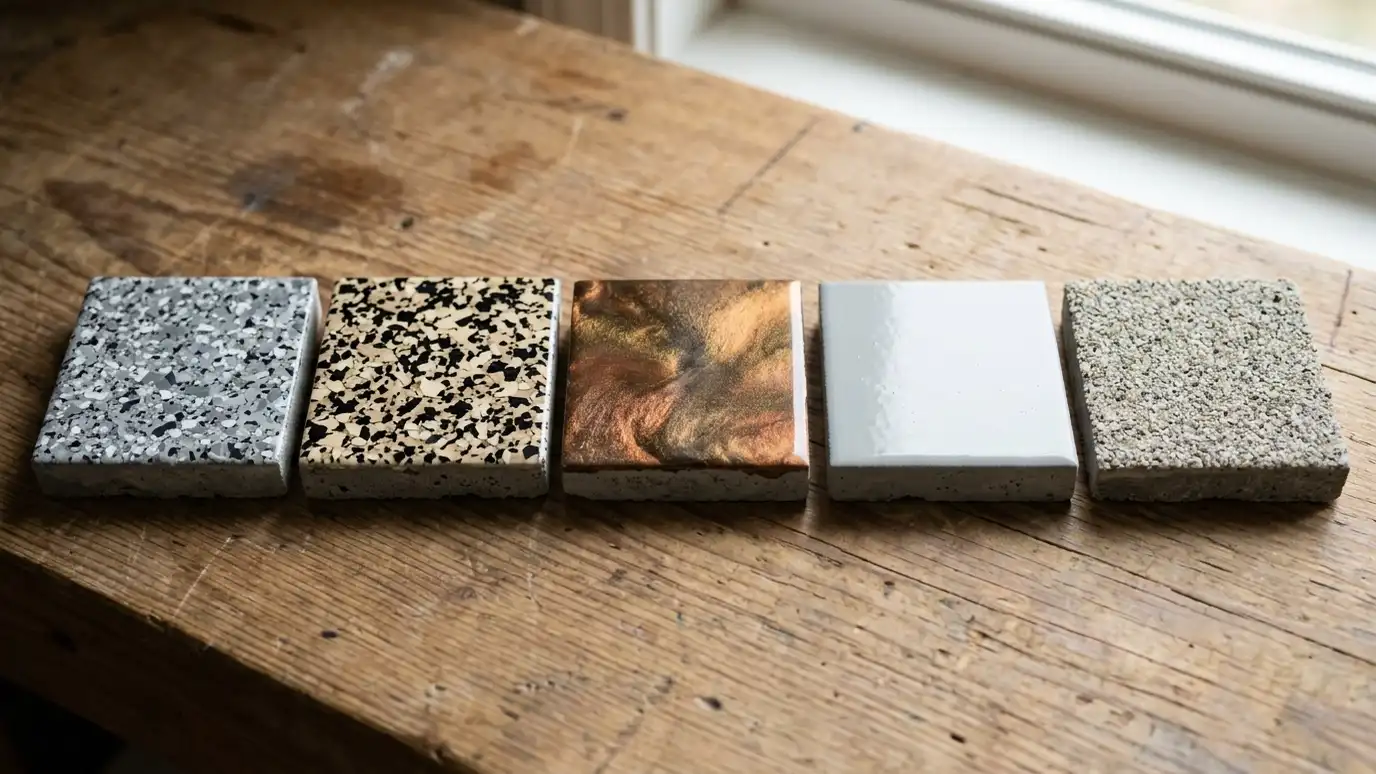 Garage floor coating FAQ | Music City Garage Floor A neat row of five small concrete sample tiles each coated differently: gray flake, black and tan flake, copper metallic, solid light gray and quartz