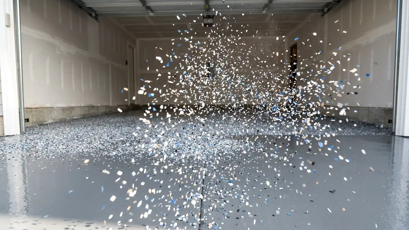 Our garage floor coating process | Music City Garage Floor Colorful flake chips being broadcast over a fresh wet gray coat on a garage floor with a cloud of flakes in the air