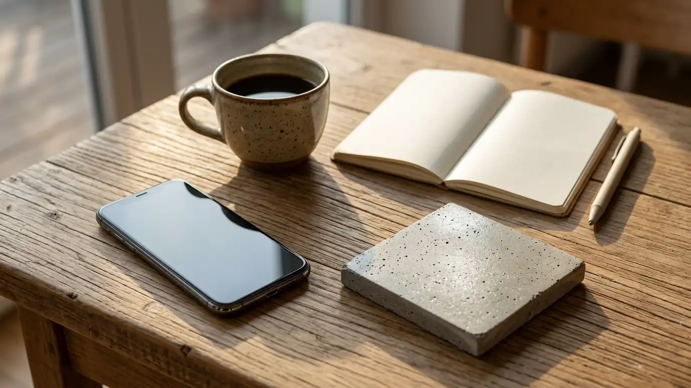A phone with a blank screen, a coffee cup, a notepad and a small coated concrete sample tile on a table in morning light