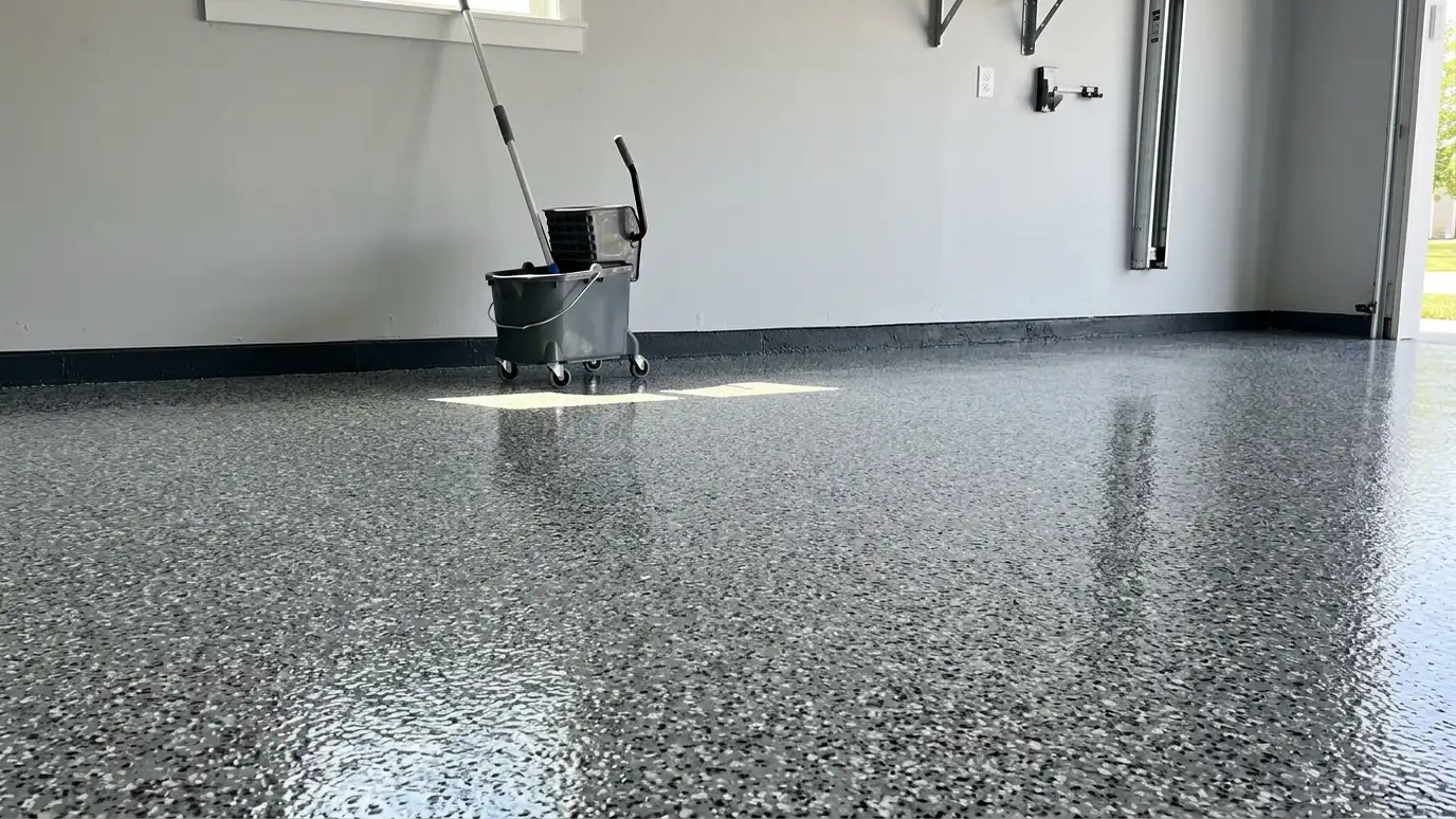 A finished glossy flake garage floor with a clean mop and bucket beside a wall in soft morning light