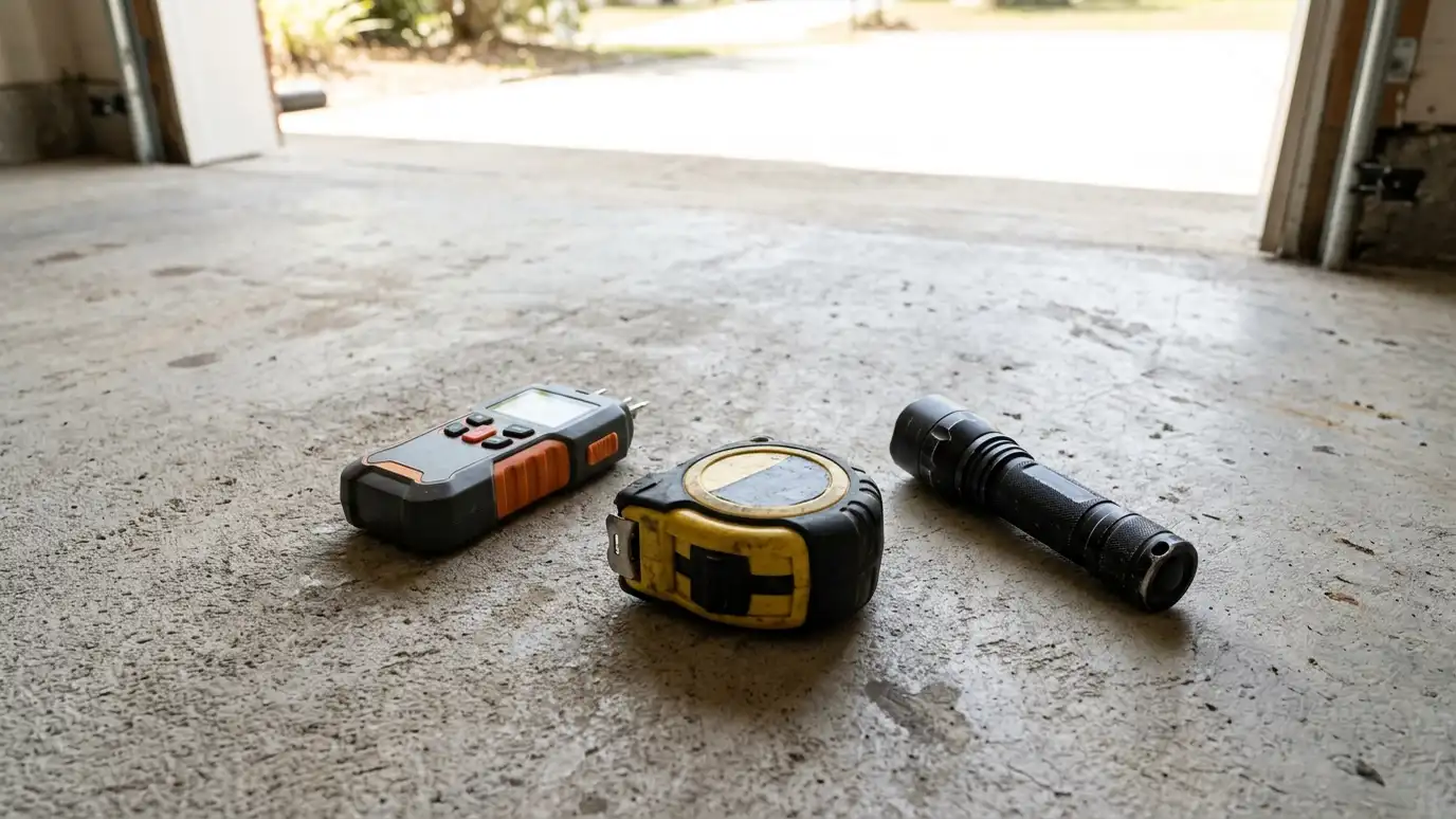 A moisture meter, a tape measure and a flashlight resting on a bare concrete garage floor near an open garage door