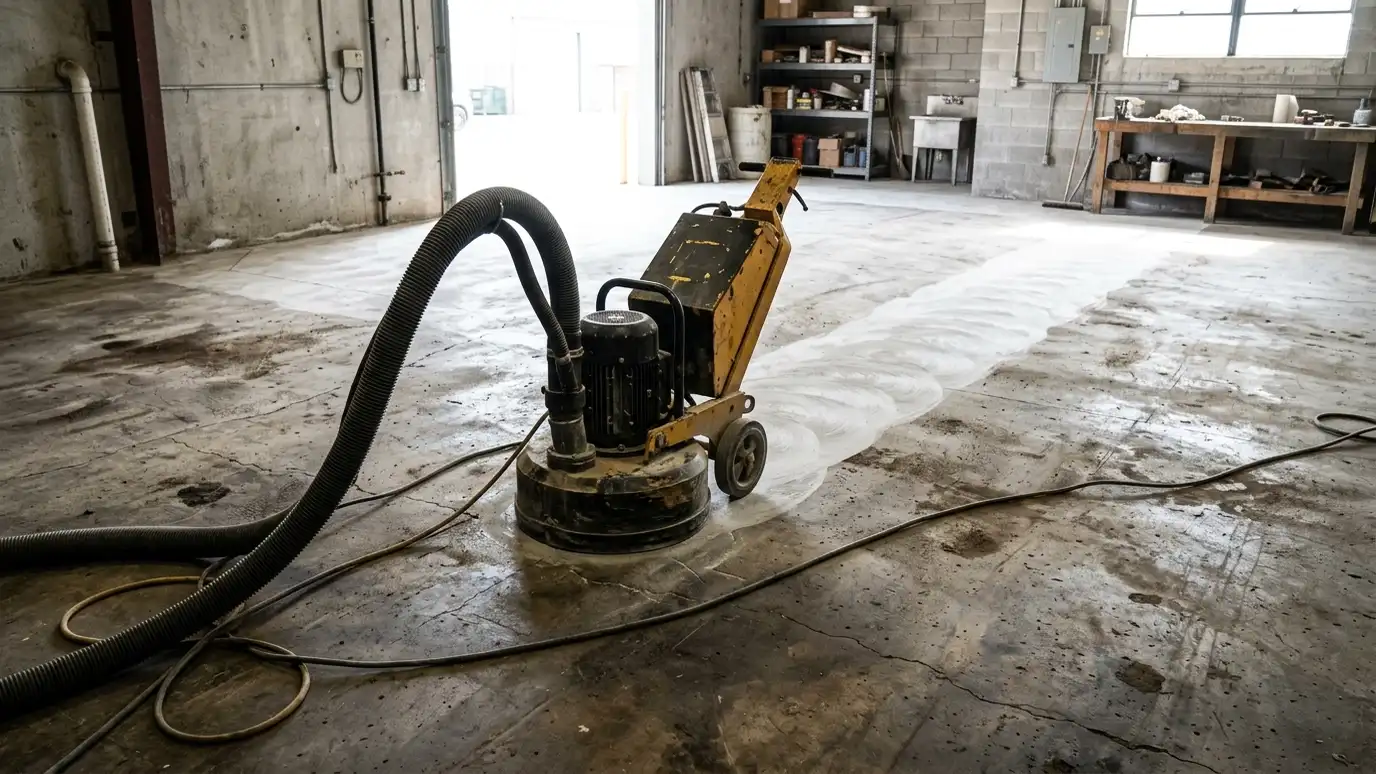 A diamond floor grinder with a vacuum hose on a bare concrete garage floor with a freshly ground clean section