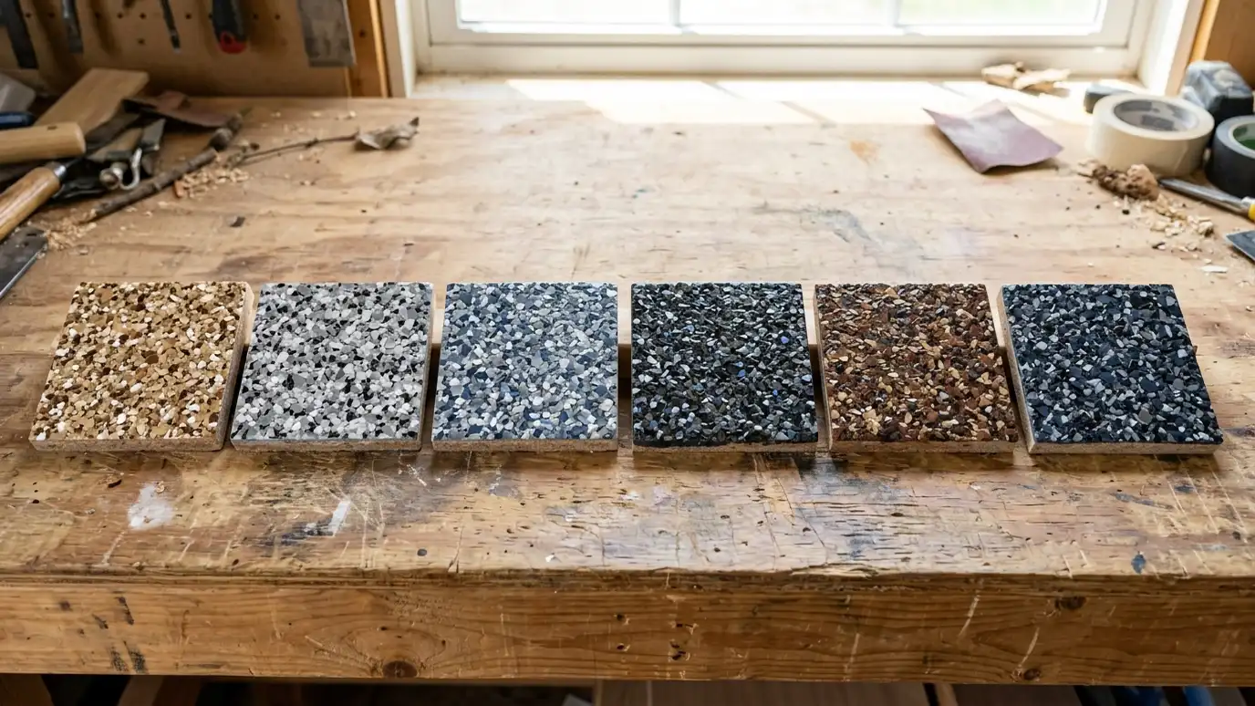 Six small square sample boards in a row each coated with a different flake blend in earth tones, grays, blues and blacks on a workbench