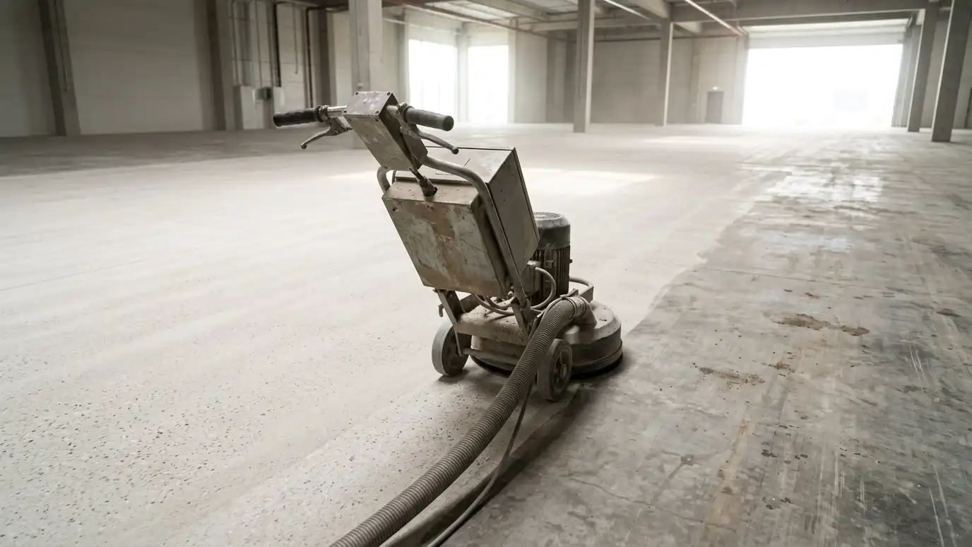 A walk-behind diamond grinder with a dust shroud on bare concrete leaving a clean uniform ground surface