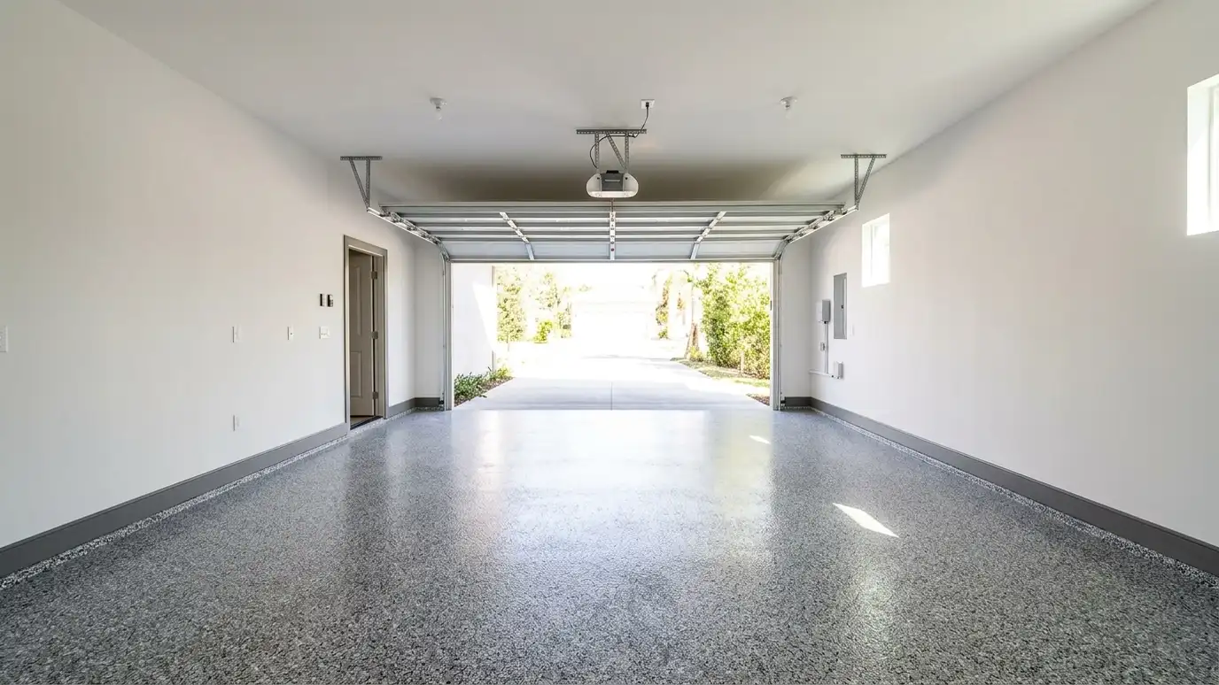 A two-car garage interior with a glossy polyaspartic floor in gray, black and white flecks, white walls and an open garage door showing daylight